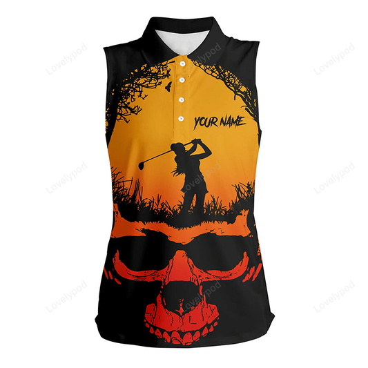 Skull playing golf halloween sleeveless polo shirts orange scary golf shirts for women golf gifts GY2983