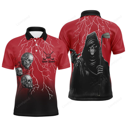 Red & black lightning mens golf polo shirts, custom skull golf shirts for men GY2984