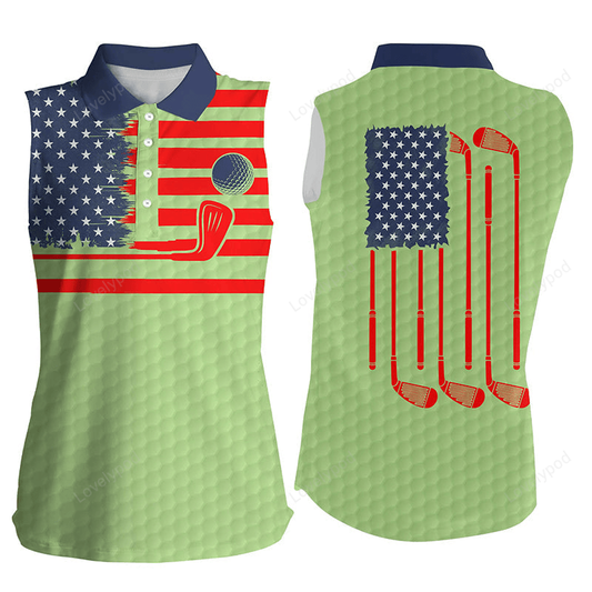 American flag patriotic womens sleeveless polo shirt green golf polo shirt, unique golf gifts GY2988