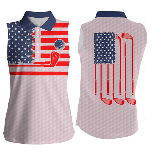 American flag patriotic womens sleeveless polo shirt pink golf polo shirt, unique golf gifts GY2989