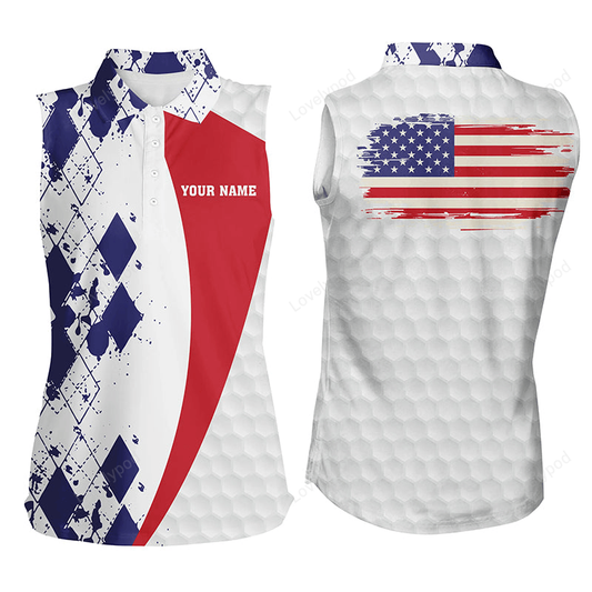 Womens sleeveless polo shirt custom american flag blue argyle pattern white golf ball womens tops GY2991