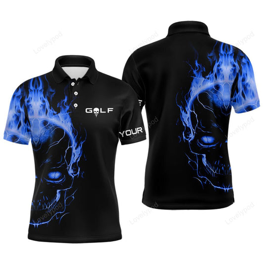 Blue fire skull black golf shirts, custom mens golf polo shirts GY2996