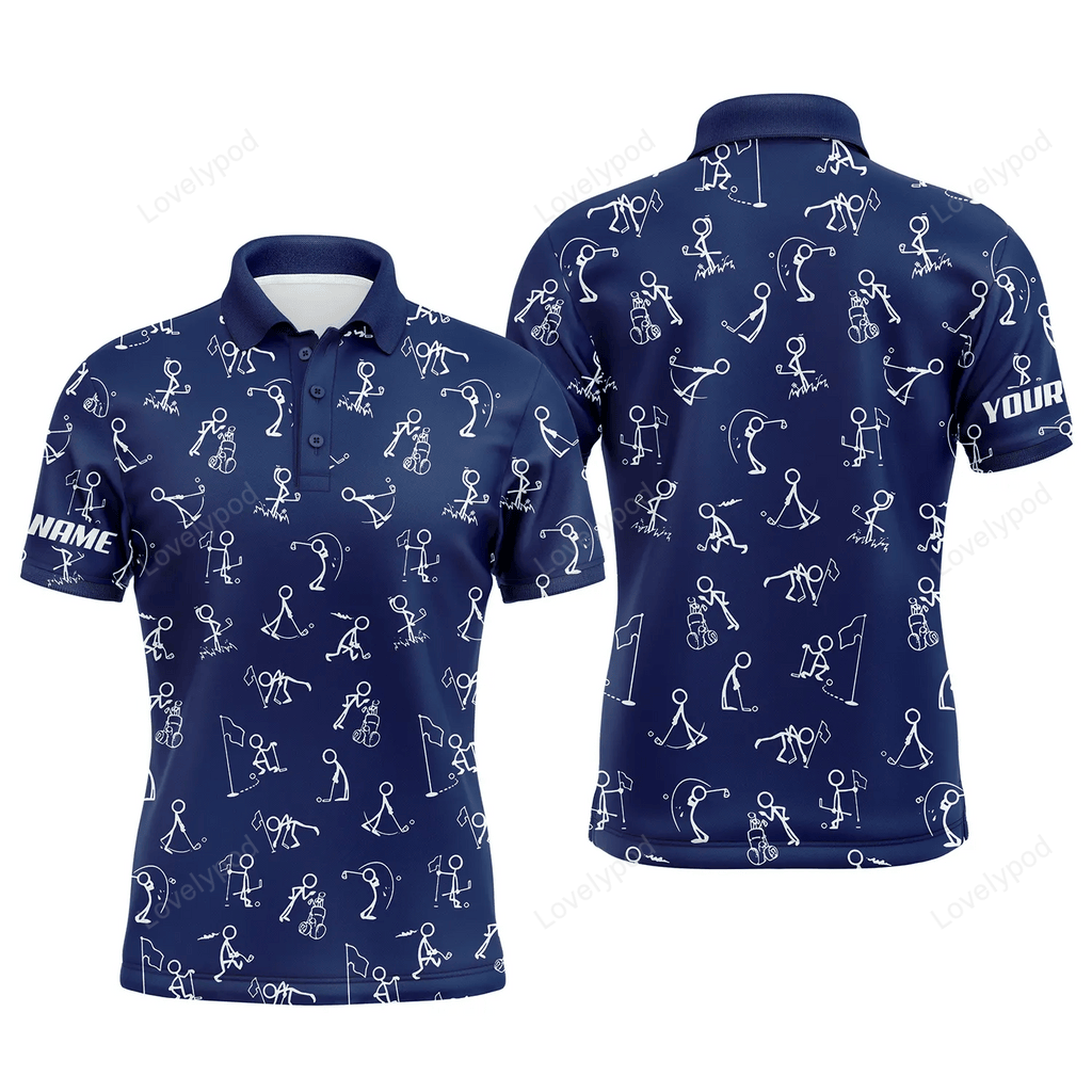 Men golf polo upf shirts custom name funny golf pattern blue navy polo shirt GY3002