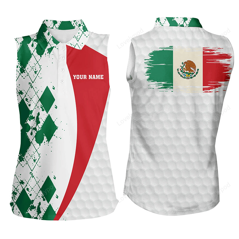 Womens sleeveless polo shirt custom mexico flag green argyle pattern white golf ball women's tops GY3003