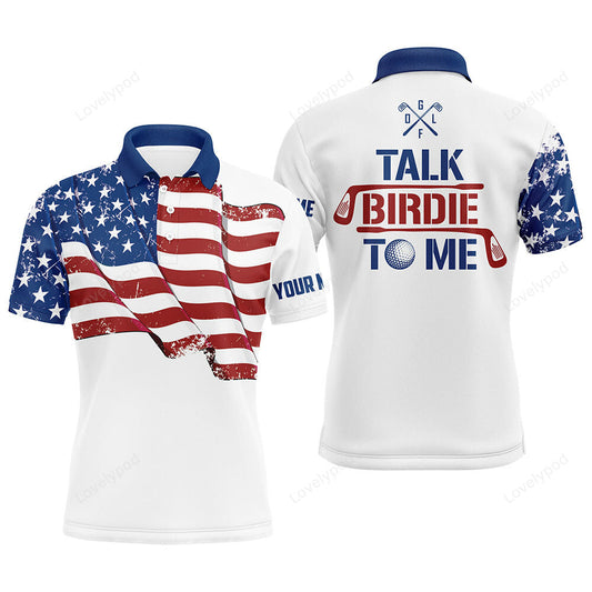 Funny mens golf polo shirt, custom american flag patriotic white golf shirts, talk birdie to me GY3009