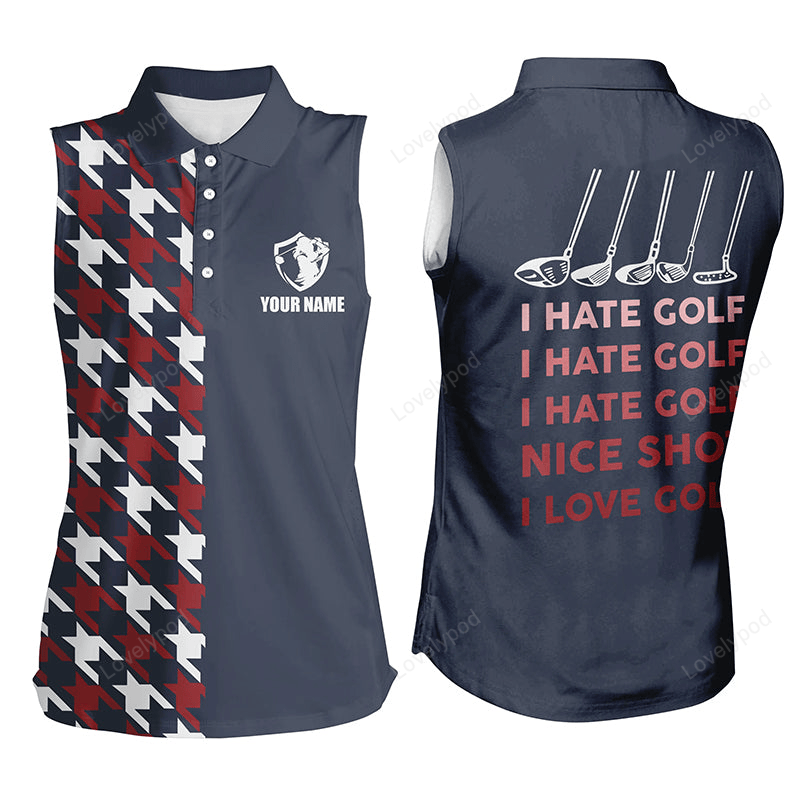 I hate golf nice shot i love golf funny womens sleeveless golf polo shirt navy golf shirts for women GY3013