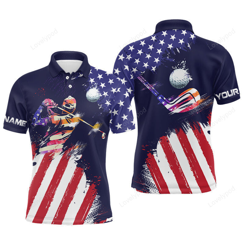 Watercolor american flag mens golf polo shirts, personalized patriotic golf shirts for men GY3016