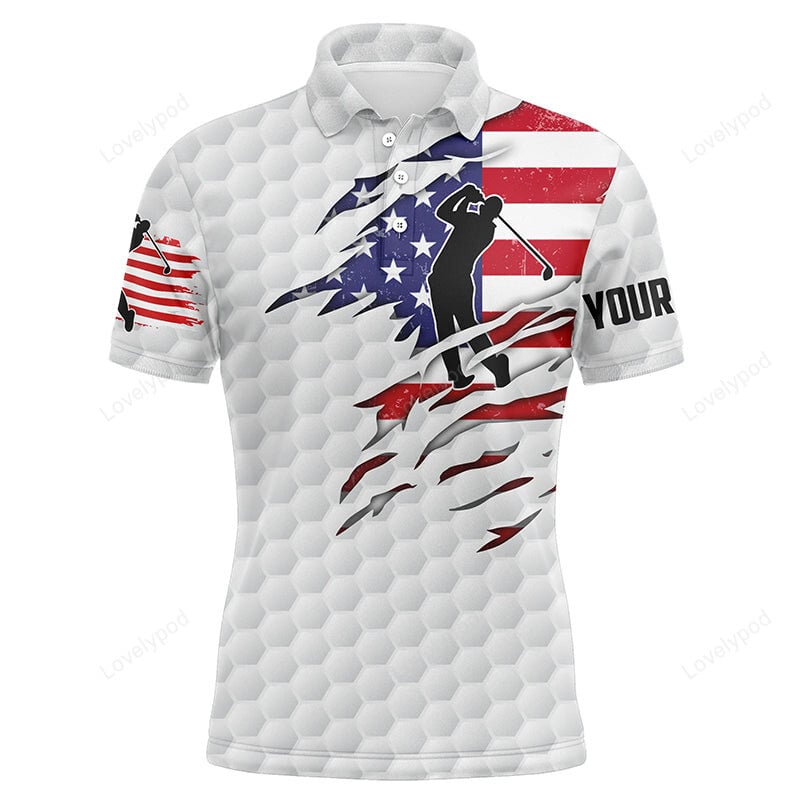 Mens golf polo shirt american flag patriot custom name white golf balls shirts GY3019