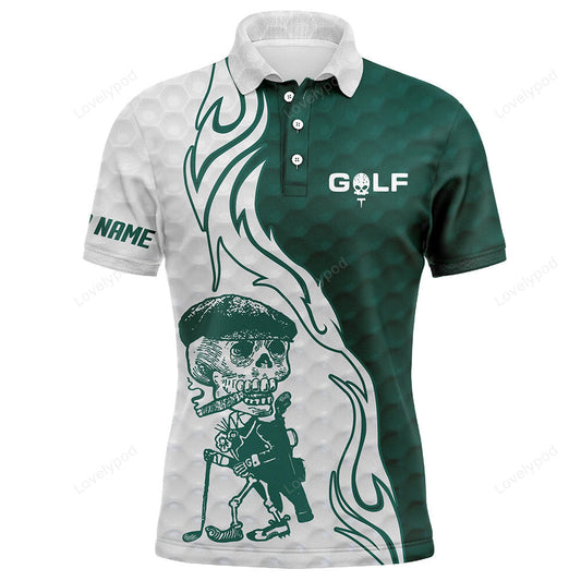 Green and white mens golf polo shirt, custom name golf skull shirts GY3020