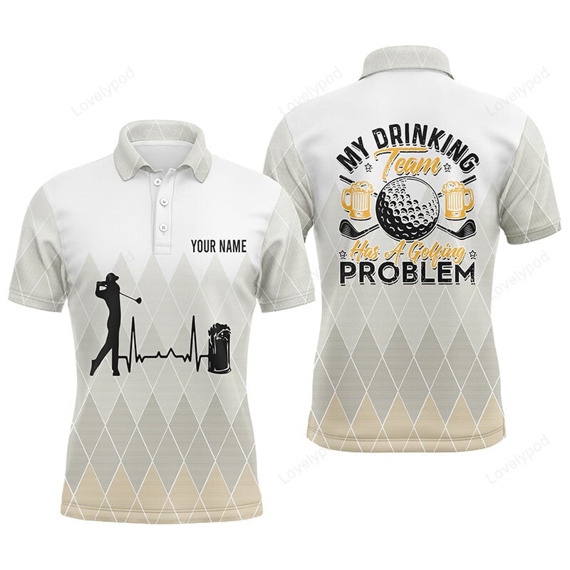 Argyle pattern mens golf polo shirt, personalized heartbeat beer golf shirts for men GY3028