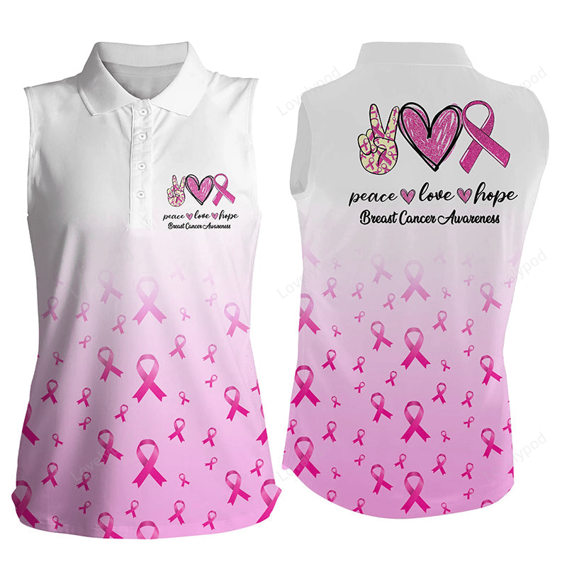 Pink ribbon white women sleeveless polo breast cancer awareness peace love hope pink golf outfit women GY3029