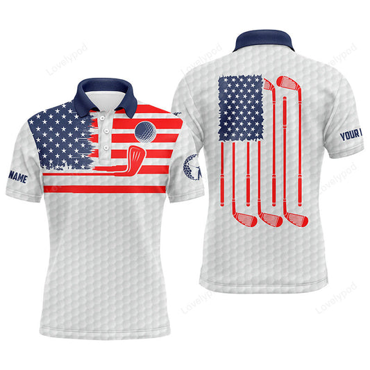 American flag patriotic men golf polo shirts, custom name white golf polo shirt mens GY3031