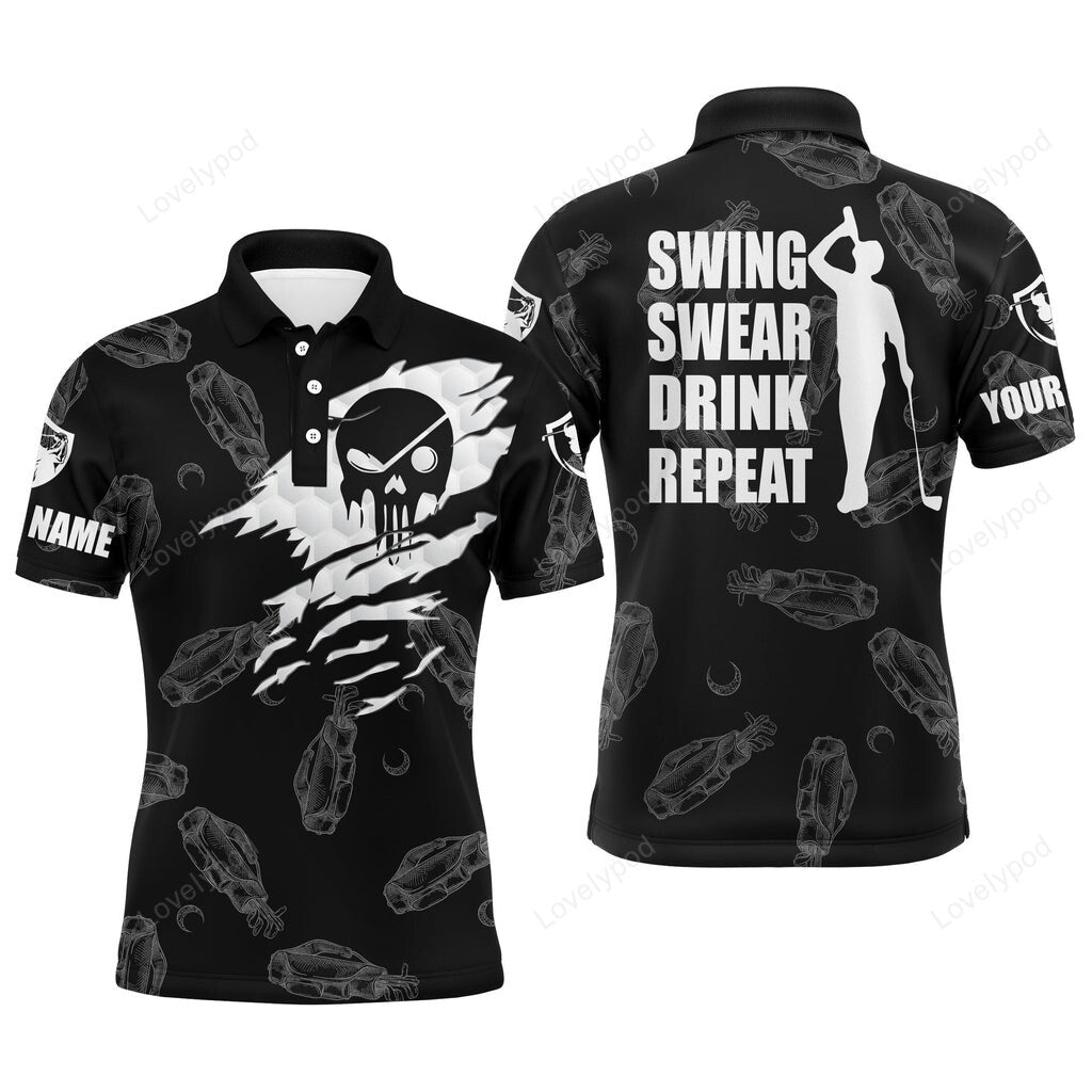 Mens golf polo shirt, swing swear drink repeat custom name black golf clubs pattern shirt GY3032