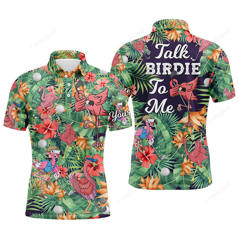 Funny Mens/Womens golf polo shirt, Custom green tropical flower flamingo golf shirts, talk birdie to me GY3034