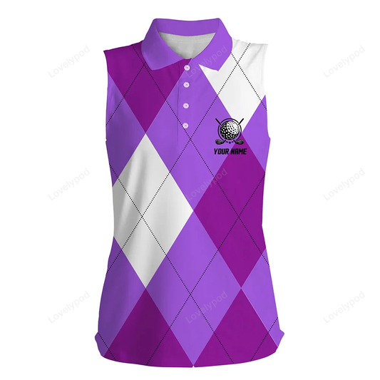 Womens sleeveless polo shirt custom purple and white golf argyle plaid pattern, personalized golf gift GY3045