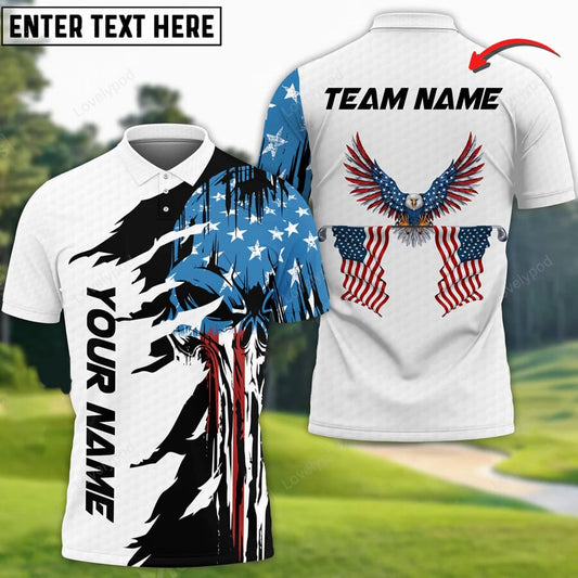 Custom name golf polo shirt, skull us flag pattern golf customized 3d polo shirt GY3048