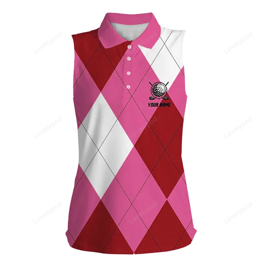 Womens sleeveless polo shirt custom pink and white golf argyle plaid pattern, personalized golf gifts GY3049