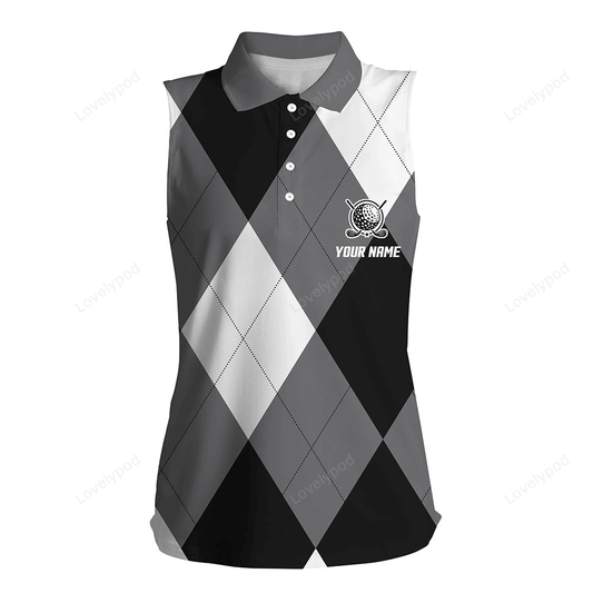 Womens sleeveless polo shirt custom name black and white golf pattern, personalized golf gifts GY3050