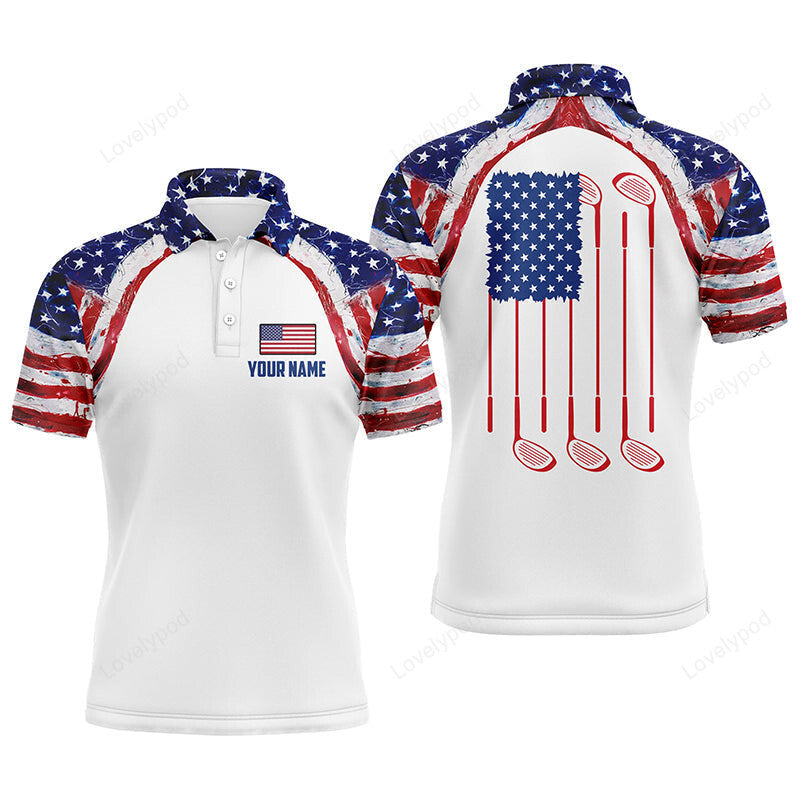 Watercolor american flag white mens golf polo shirt, custom mens patriotic polo shirts golfing gift GY3060