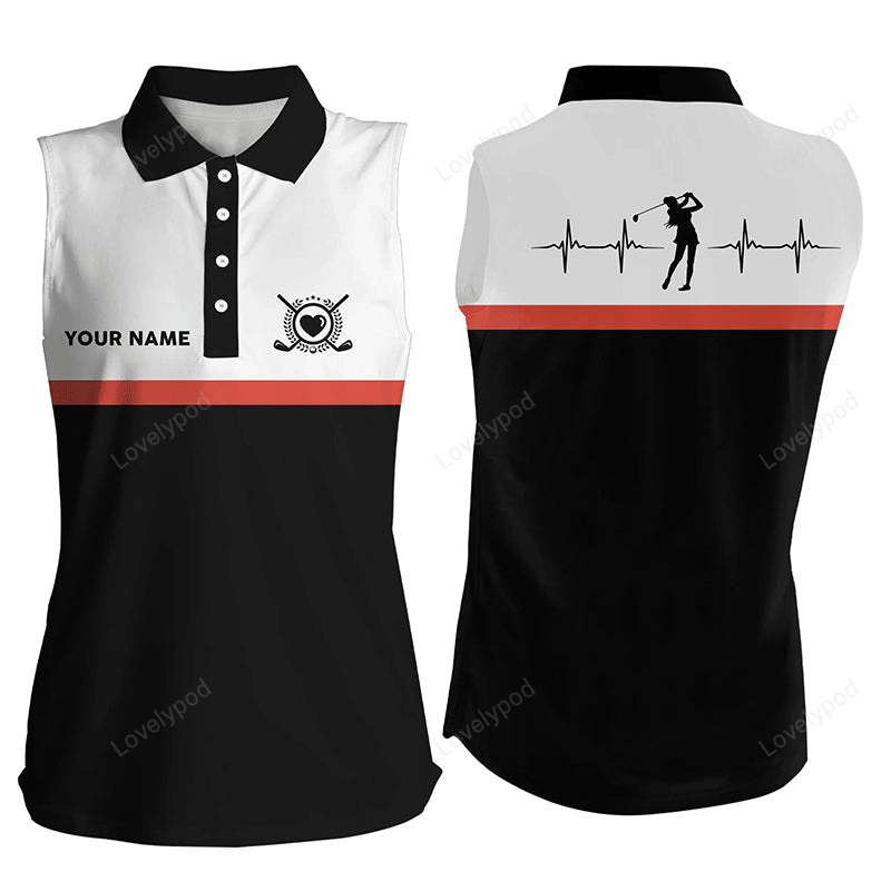 Golf heart beat black orange sleeveless polo shirts custom name golf shirts for women golfing gifts GY3066