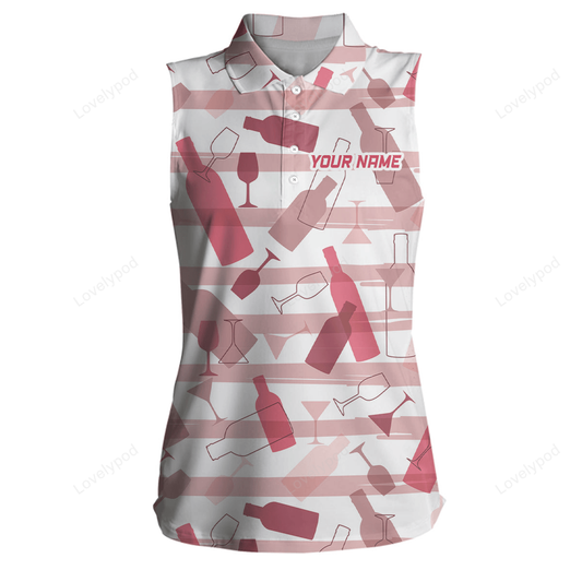 Wine stripe pattern womens sleeveless polo shirt custom pink ladies golf shirts, unique golf gifts GY3069