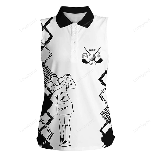 White womens sleeveless polo shirt golf clubs ladies golf tops, gifts for golf lovers | black GY3070