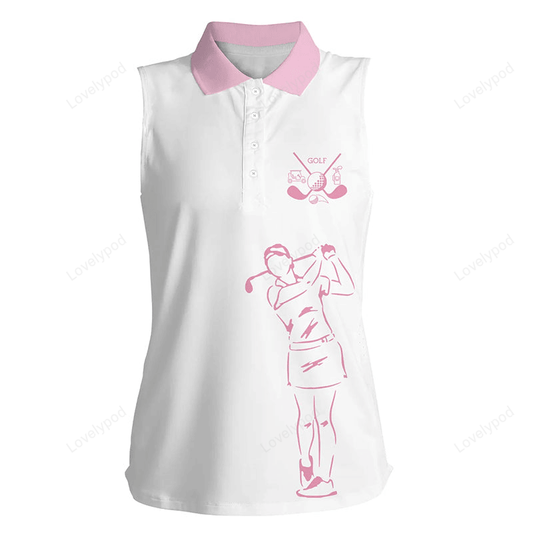 White womens sleeveless polo shirt golf clubs ladies golf tops, gifts for golf lovers | light pink GY3071