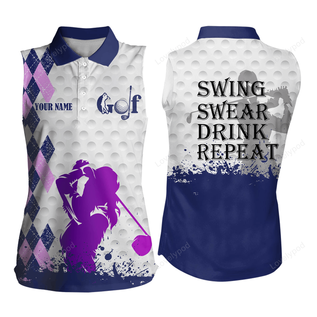 Blue purple argyle plaid white women's sleeveless polo shirt custom swing swear drink repeat golf tops GY3072