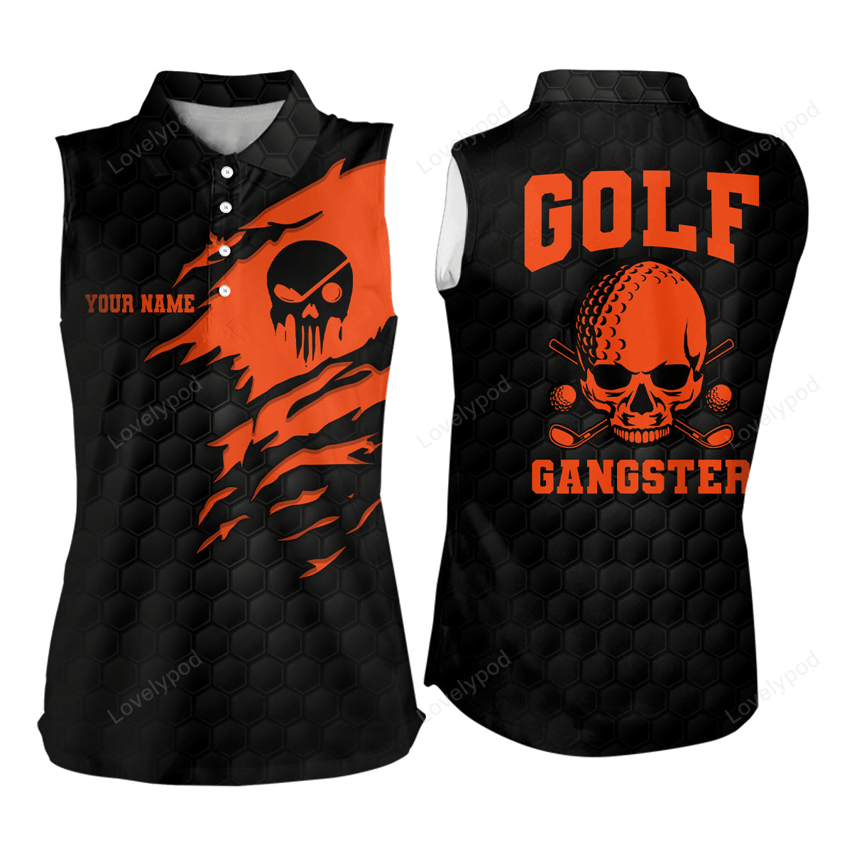 Golf gangster skull sleeveless polo shirt custom black orange golf pattern scary golf shirt for women GY3074