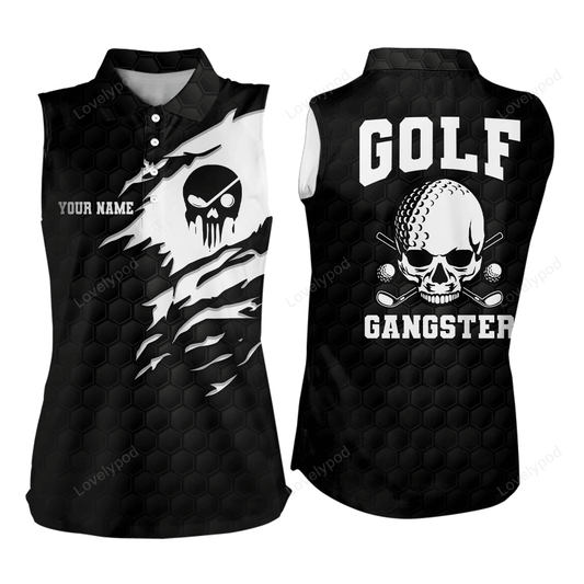 Golf gangster skull sleeveless polo shirt custom black white golf pattern scary golf shirts for women GY3075