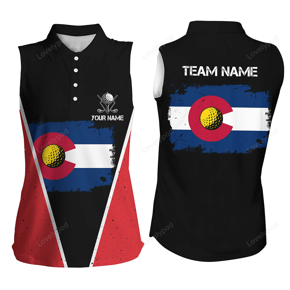 Retro colorado flag black womens sleeveless golf polo shirts custom patriotic golf shirts for women GY3089