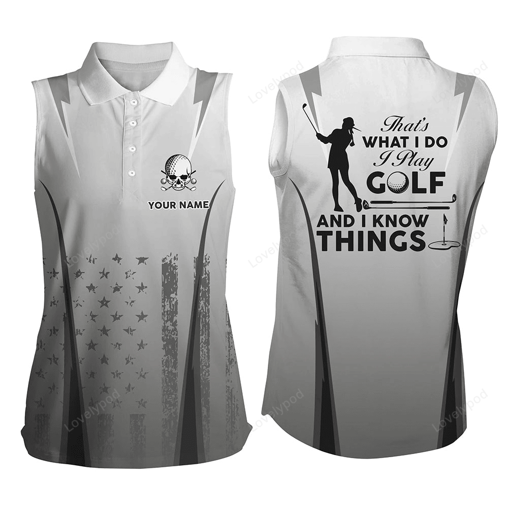 Custom skull patriotic golf gifts, golf that what i do american flag sleeveless polo shirts for women GY3095