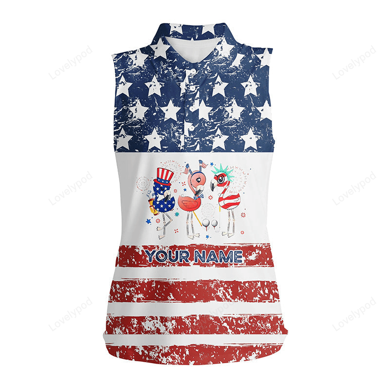 Funny american flag flamingo women sleeveless golf polo shirts custom patriotic white ladies golf tops GY3097