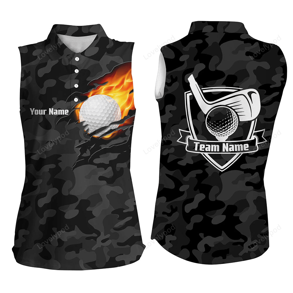 Black camo fire golf ball flame sleeveless golf polo shirt custom american flag golf shirts for women GY3099