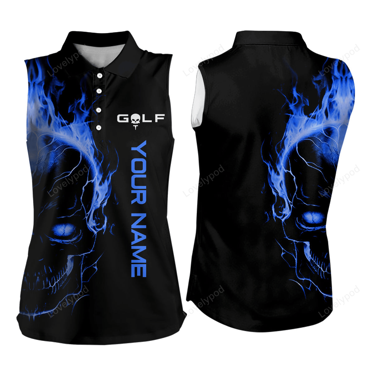 Blue fire skull black golf shirts custom women sleeveless polo shirt, ladies golf tees GY3101