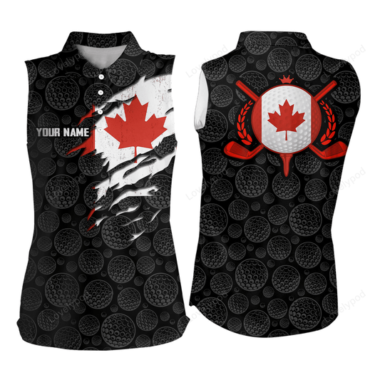 Crack canada flag black golf pattern sleeveless polo shirt maple leaf patriotic golf shirts for women GY3106