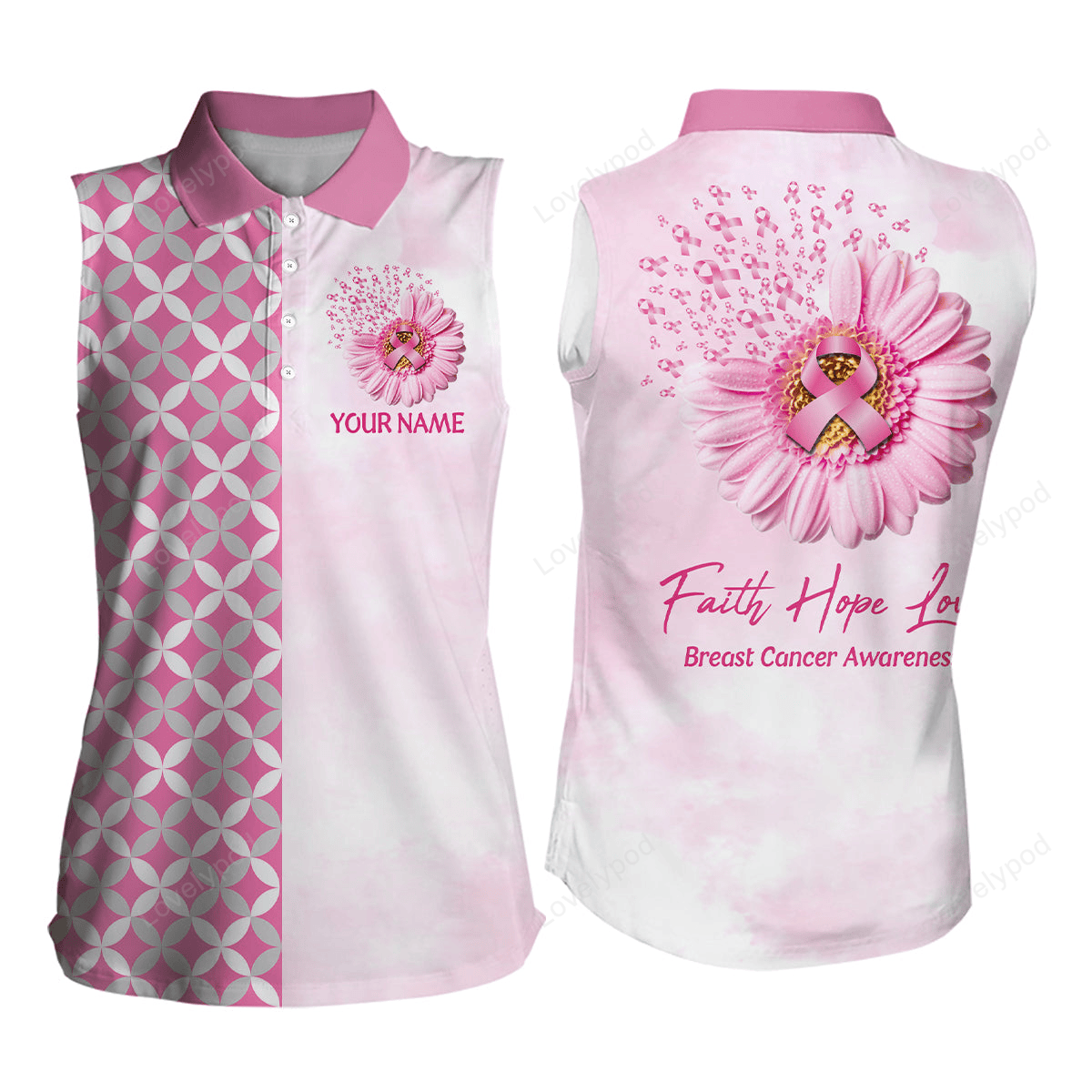 Faith hope love breast cancer awareness sleeveless golf tops custom pink flower golf shirts for women GY3114