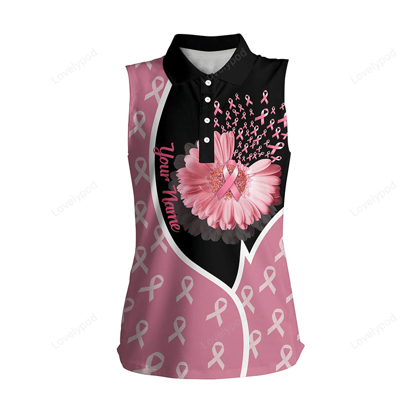 Womens sleeveless polo shirt flower breast cancer awareness black & pink custom pink ribbon golf tops GY3115