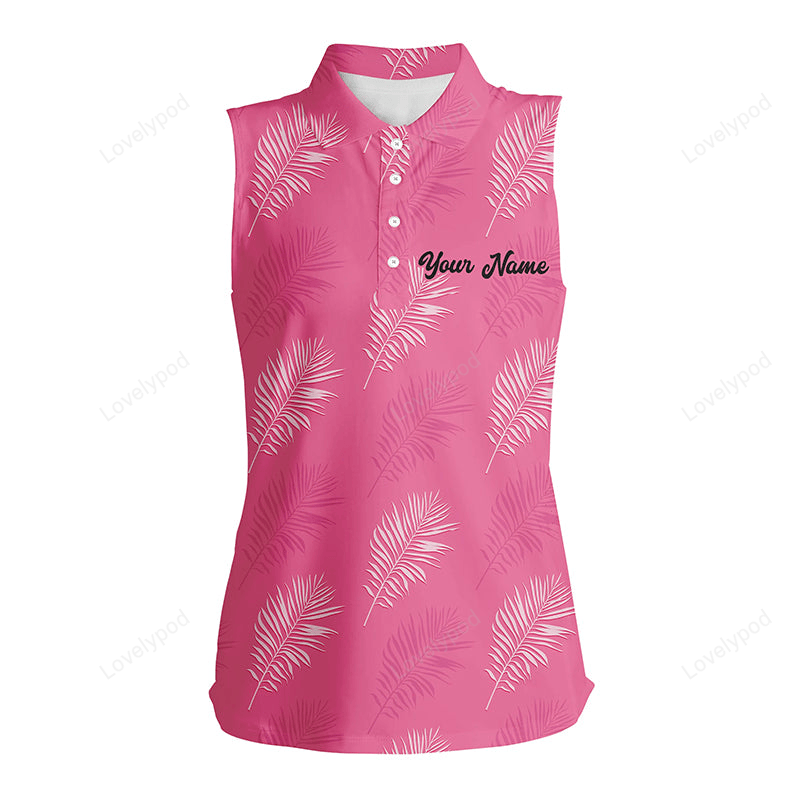 Women sleeveless polo shirt custom pink palm leaves tropical pattern golf shirts, womens golf tops GY3118