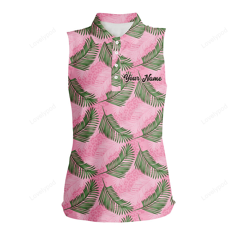 Women sleeveless polo shirt custom pink leopard palm leaves tropical golf shirts, women's golf clothes GY3119