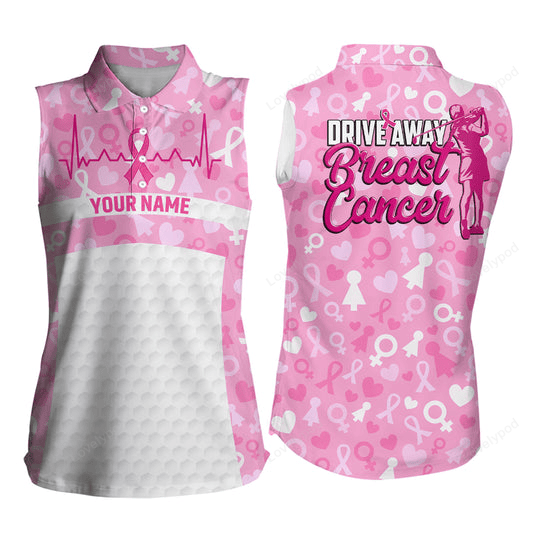 Drive away breast cancer pink white sleeveless golf shirt heartbeat ribbon cute golf shirts for women GY3127