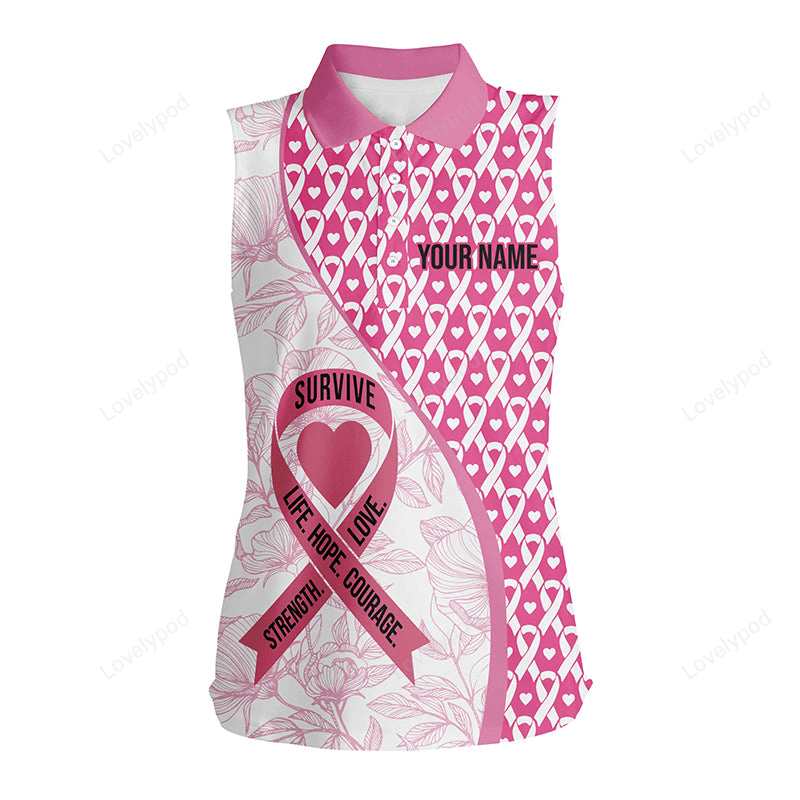 Flower pink custom name womens sleeveless golf polo shirt breast cancer awareness golf top for ladies GY3128