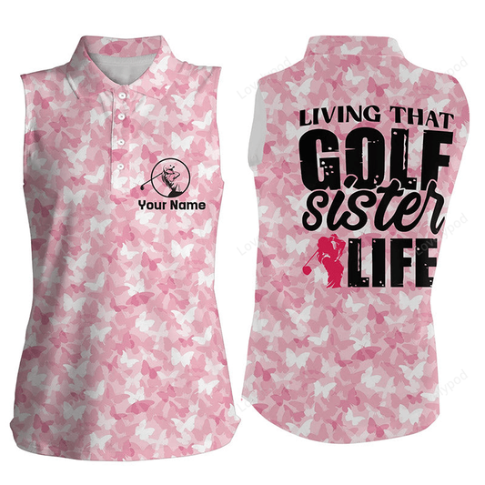 Womens pink butterfly custom name sleeveless golf polo shirt cute golf tops for ladies, golfer gifts GY3130