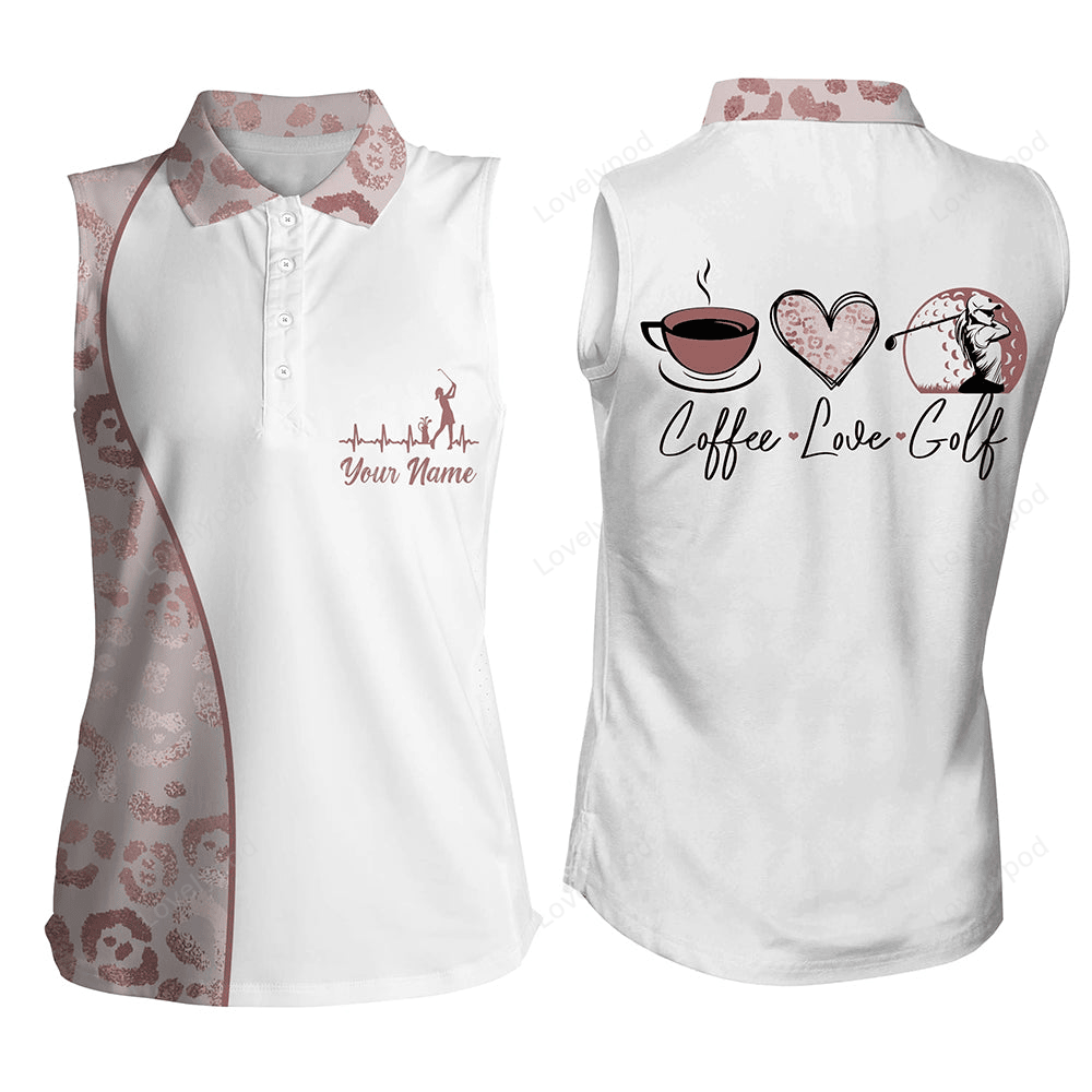 Pink leopard heartbeat women sleeveless golf polo shirts coffee love golf custom golf tops for ladies GY3135