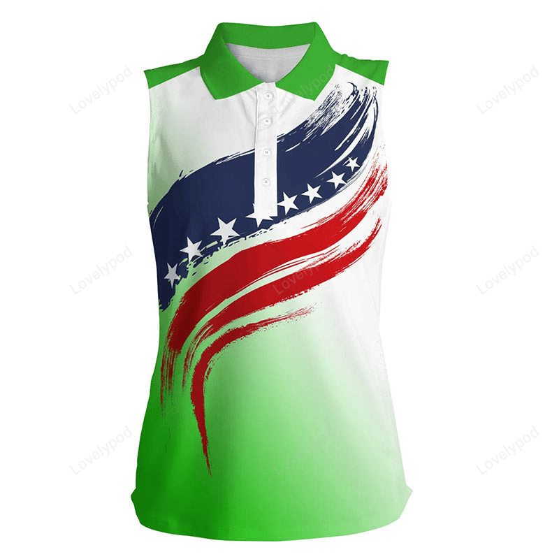 American flag women sleeveless polo shirt golf attire for women, patriotic golf gift for ladies| green GY3140