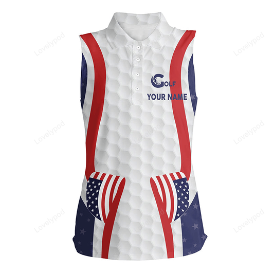 Womens american flag golf pattern sleeveless polo shirt, personalized patriotic golf shirts for women GY3145