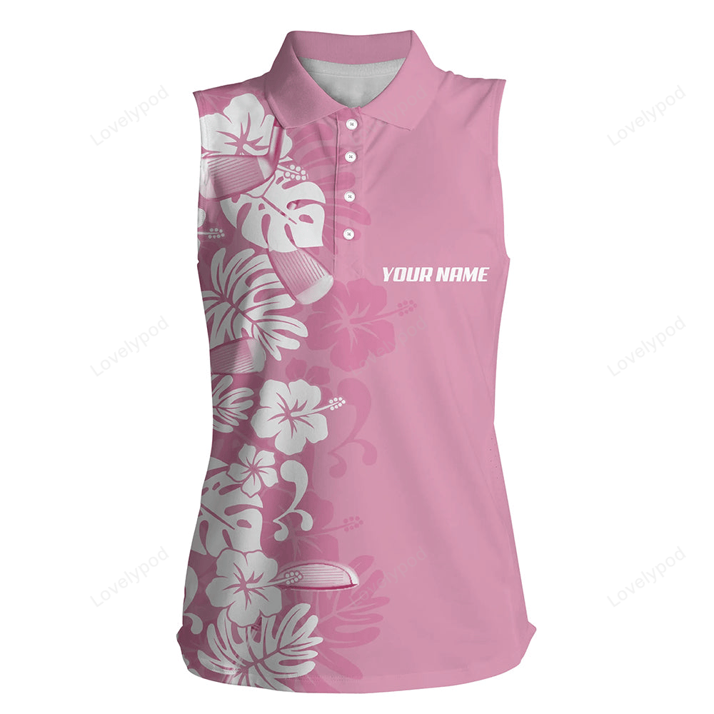 Pink womens sleeveless polo shirt custom white tropical leaf tournament golf tops for ladies GY3146