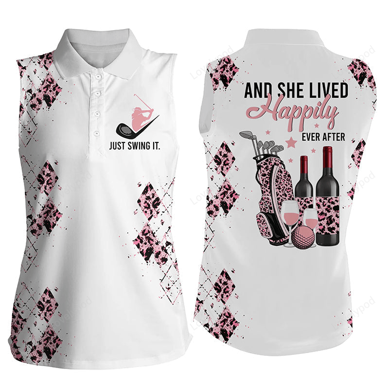 Pink leopard white womens sleeveless polo shirt golf wine just swing it & she lived happily ever after GY3149