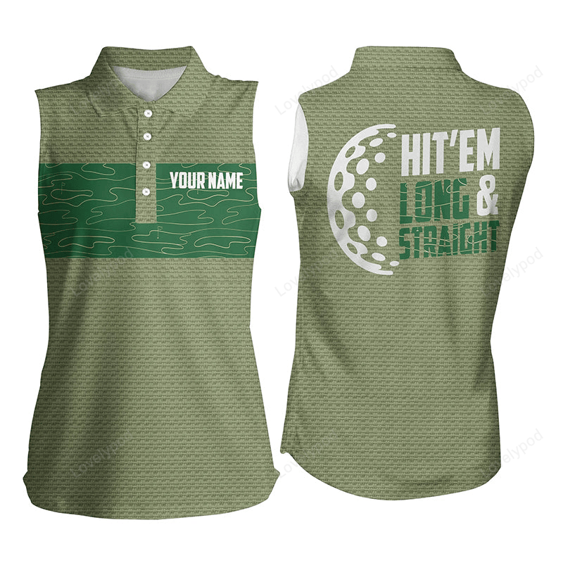 Hit 'em long & straight golf course pattern sleeveless polo shirts custom green golf shirts for women GY3150