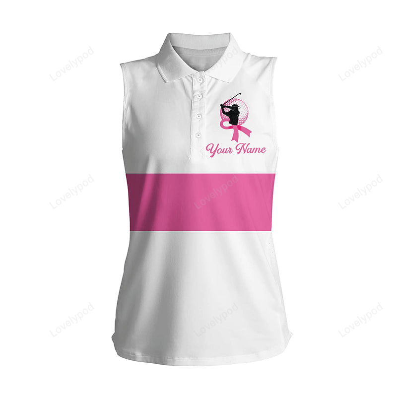 White and pink breast cancer awareness custom women sleeveless polo shirt, pink ribbon golf shirts GY3152